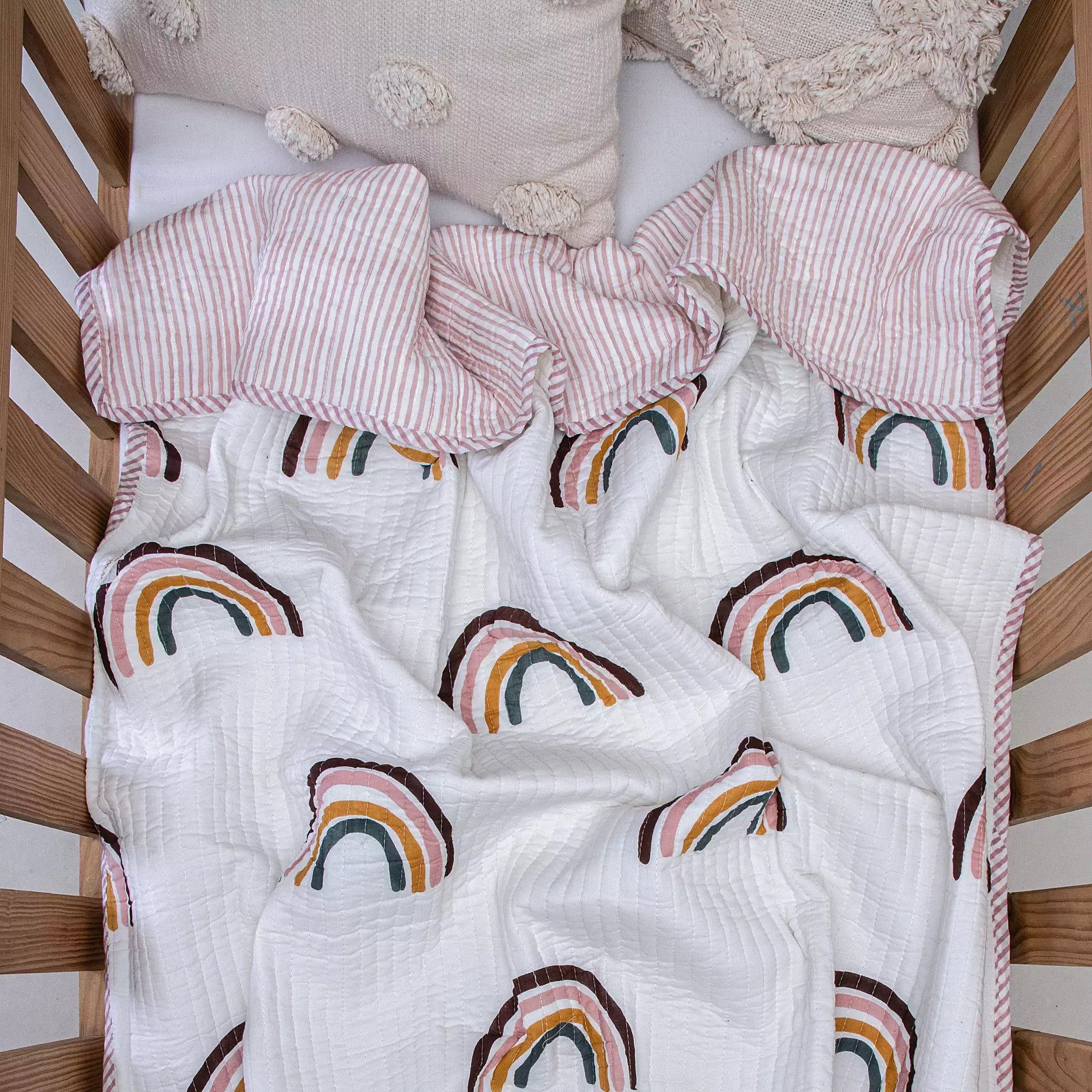 Newborn Machine Reversible Rainbow Cotton Blankets 100